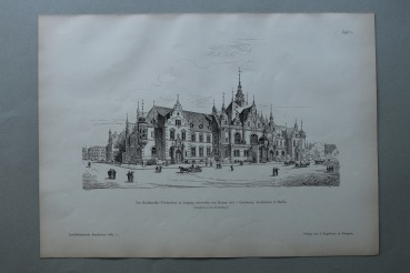 Holzstich Architektur Leipzig 1887 Buchhändler-Vereinshaus Gebäudeansicht Kutschen